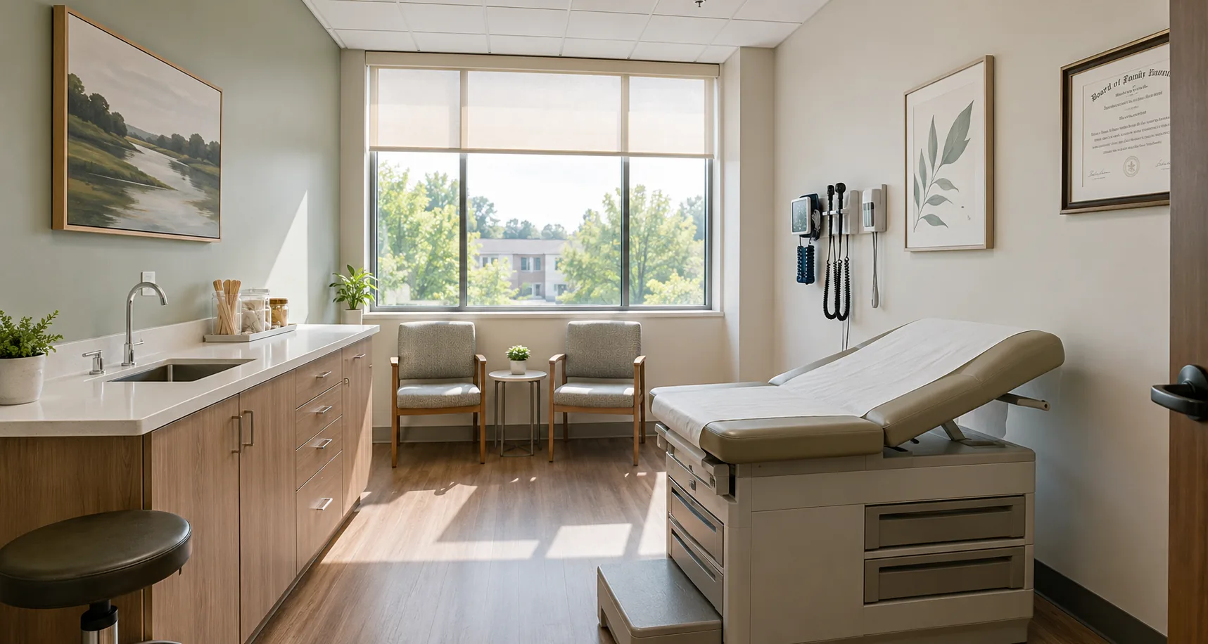 Bright primary care exam room with natural light