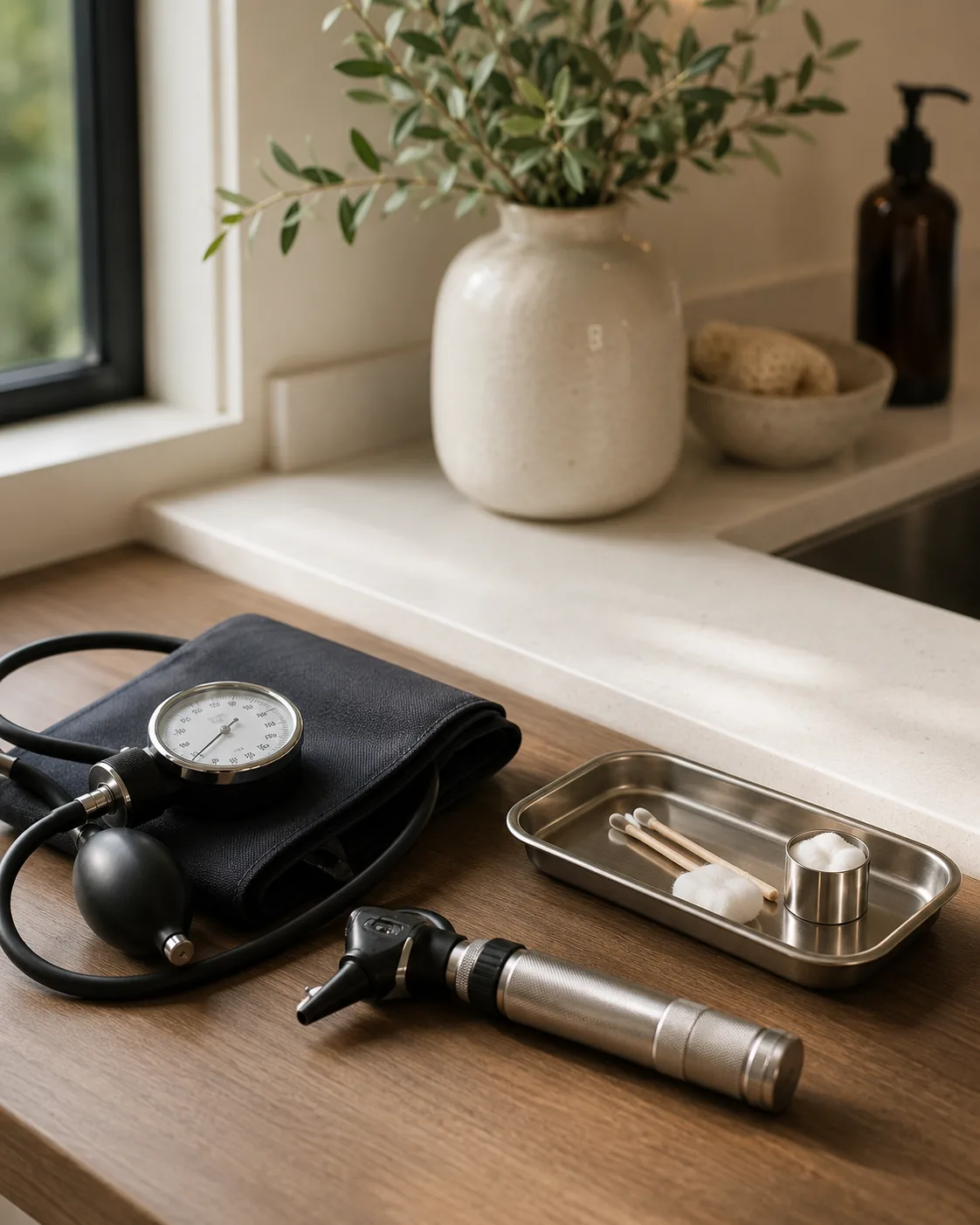 Blood pressure cuff and otoscope in the primary care exam room