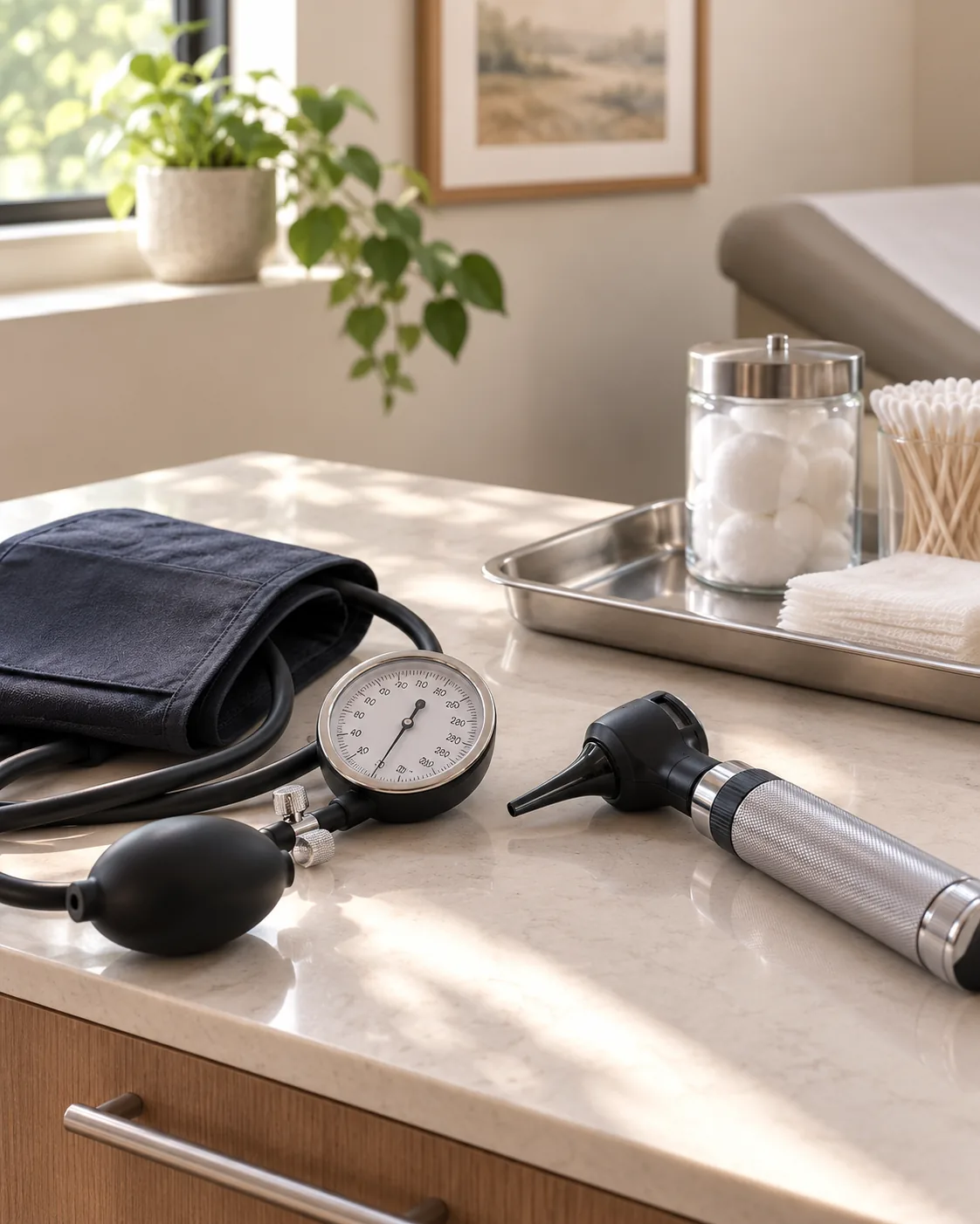 Primary care instruments on a wooden surface in warm light